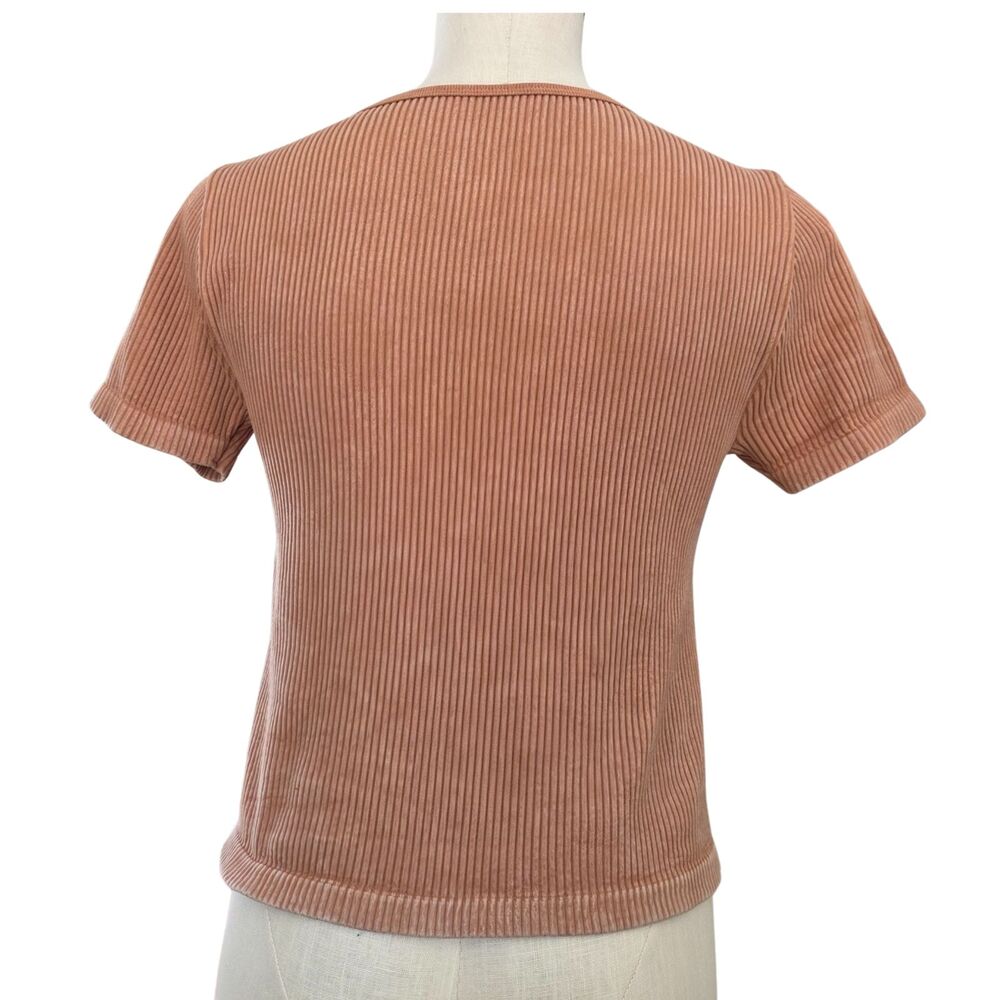 Gypsy Jade Cropped Ribbed Baby Tee Sweetheart Neck Y2k Tan Boho Casual Top - Picture 2 of 5
